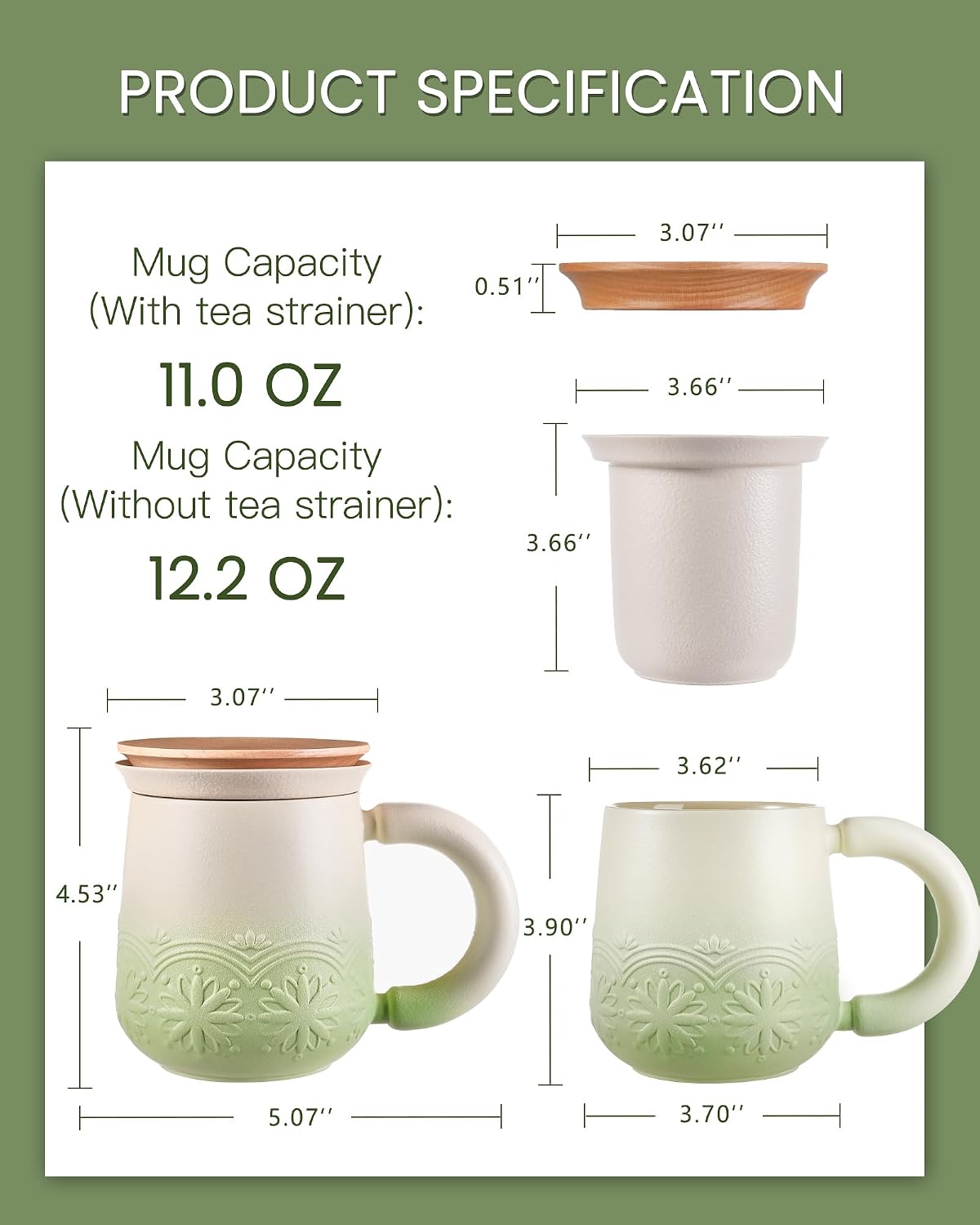 ZENS Tea Mug with Infuser and Lid for Loose Leaf Tea Steeper, 12oz Green