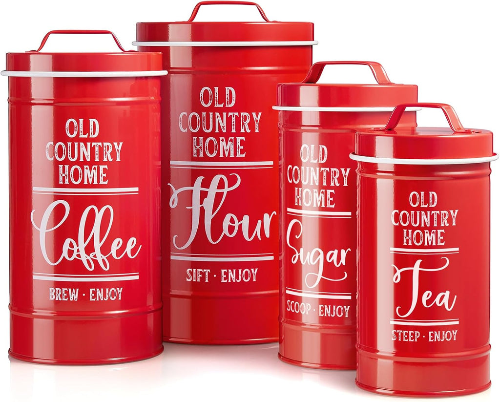 DAYYET Red Canisters for Kitchen Counter, Airtight Kitchen Canisters for Countertop, Flour and Sugar Containers, Tea Coffee Sugar Canister Set, Red Kitchen Decor and Accessories, Set of 4