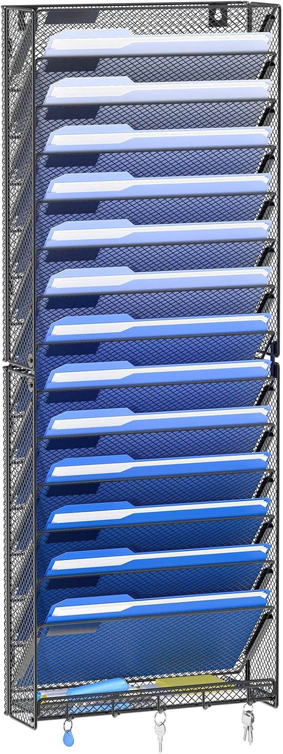 OUTWOLF Hanging Wall File Organizer with Hooks, 12 Tier Vertical Wall Mount File Holder, File Folder Wall Organizer for Office