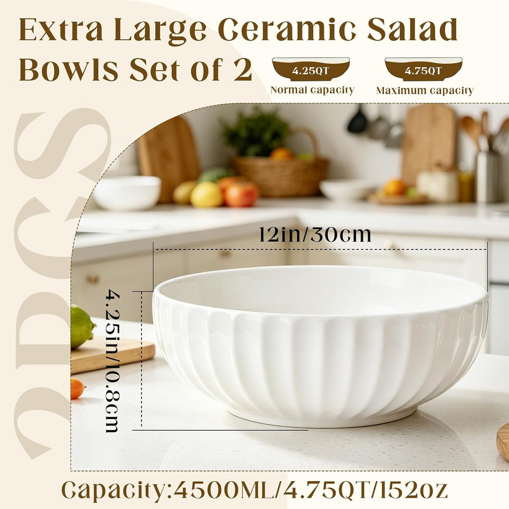 12'' 152oz Extra Large Ceramic Mixing Bowl Salad Bowl, 2 Pcs, Ribbed Style