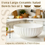 12'' 152oz Extra Large Ceramic Mixing Bowl Salad Bowl, 2 Pcs, Ribbed Style