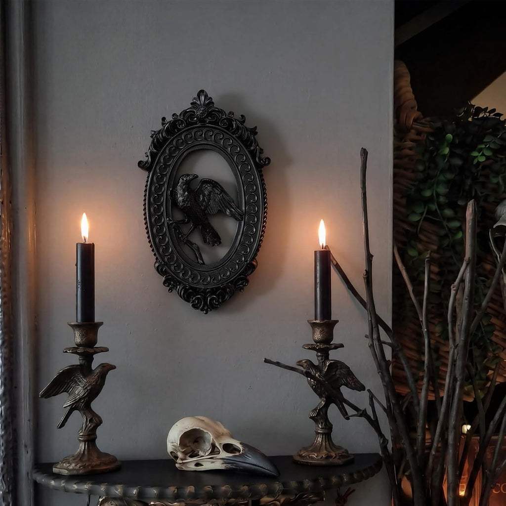 Amyhill Raven Gothic Ornate Frame Wall Decor, 3D Raven Resin Oval Art