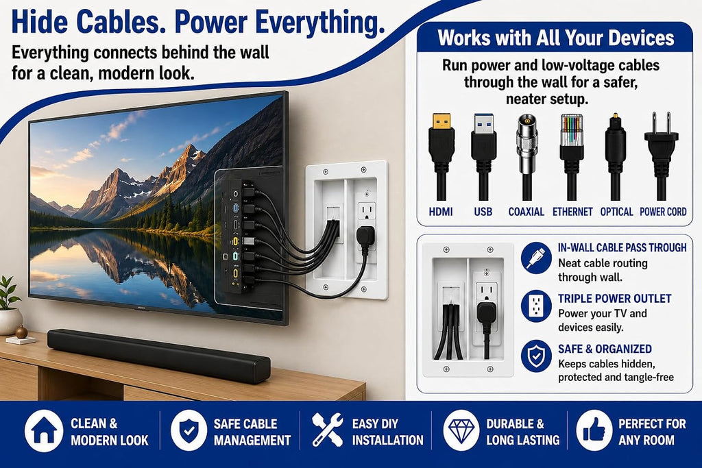 Premium in Wall TV Cable Management Kit for 65+ Inch Smart TVs with Recessed Triple Outlet Box, Wire Hider, Pass Through Plate, Low Voltage Cable Plate, Wire Concealer, Home Theater DIY