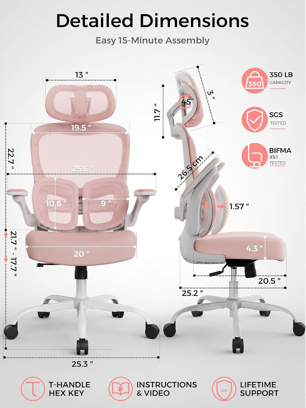 Ergonomic Office Desk Chair, Adjustable Dual Lumbar Support & Thick Seat