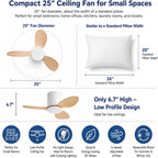 25 Inch Small Ceiling Fan No Light, Low Profile, White Wood Color