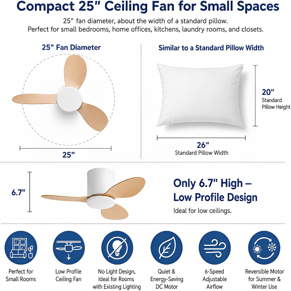 25 Inch Small Ceiling Fan No Light, Low Profile, White Wood Color