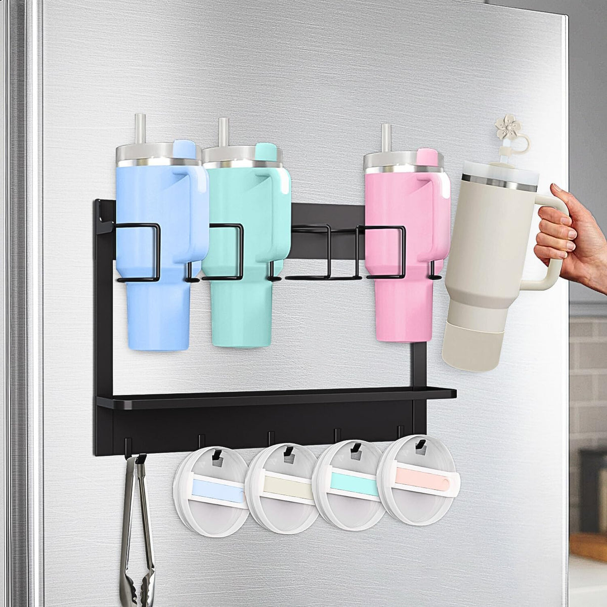 Water Bottle Organizer for Stanley Cup Accessories 20/30/40 oz, Fridge Magnetic and Wall Mount Tumbler Holder Organizer, Kitchen Water Bottle Storage Rack (Black)