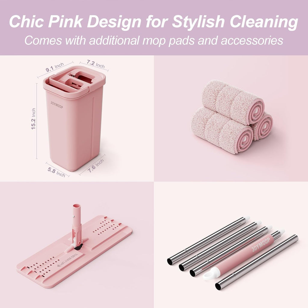 JOYMOOP Pink Mop and Bucket with Wringer Set for Home, with 3 Reusable Microfiber Mop Pads, Hands-Free Self-Cleaning System, Suitable for Floor Cleaning and Wall Cleaner