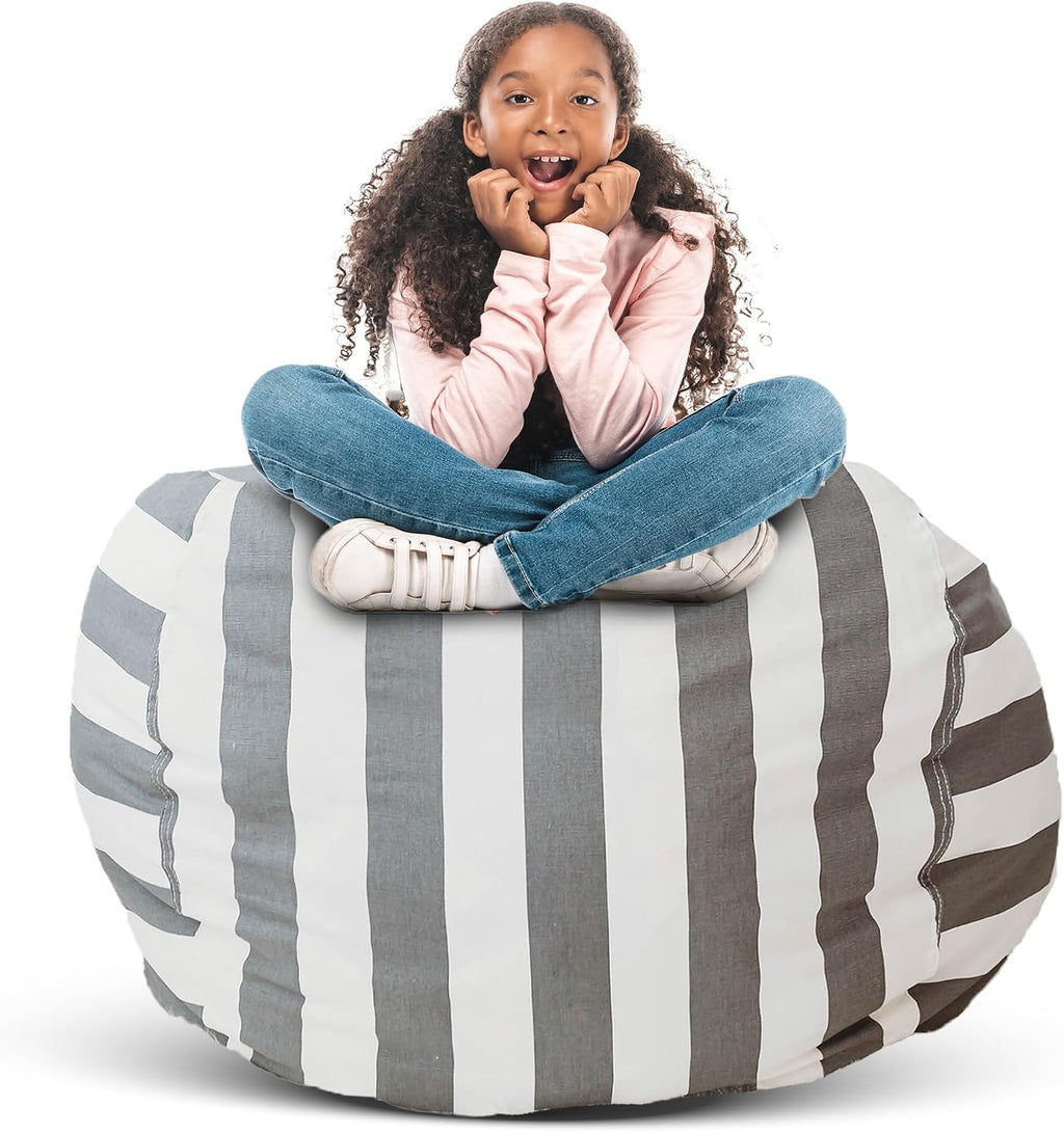 Creative QT Stuff ’n Sit Large 33’’ Bean Bag Storage Cover for Stuffed Animals & Toys, Giant Beanbag Chair for Kids Ages 3-14, Bedroom Organizer, Gray/White Stripe