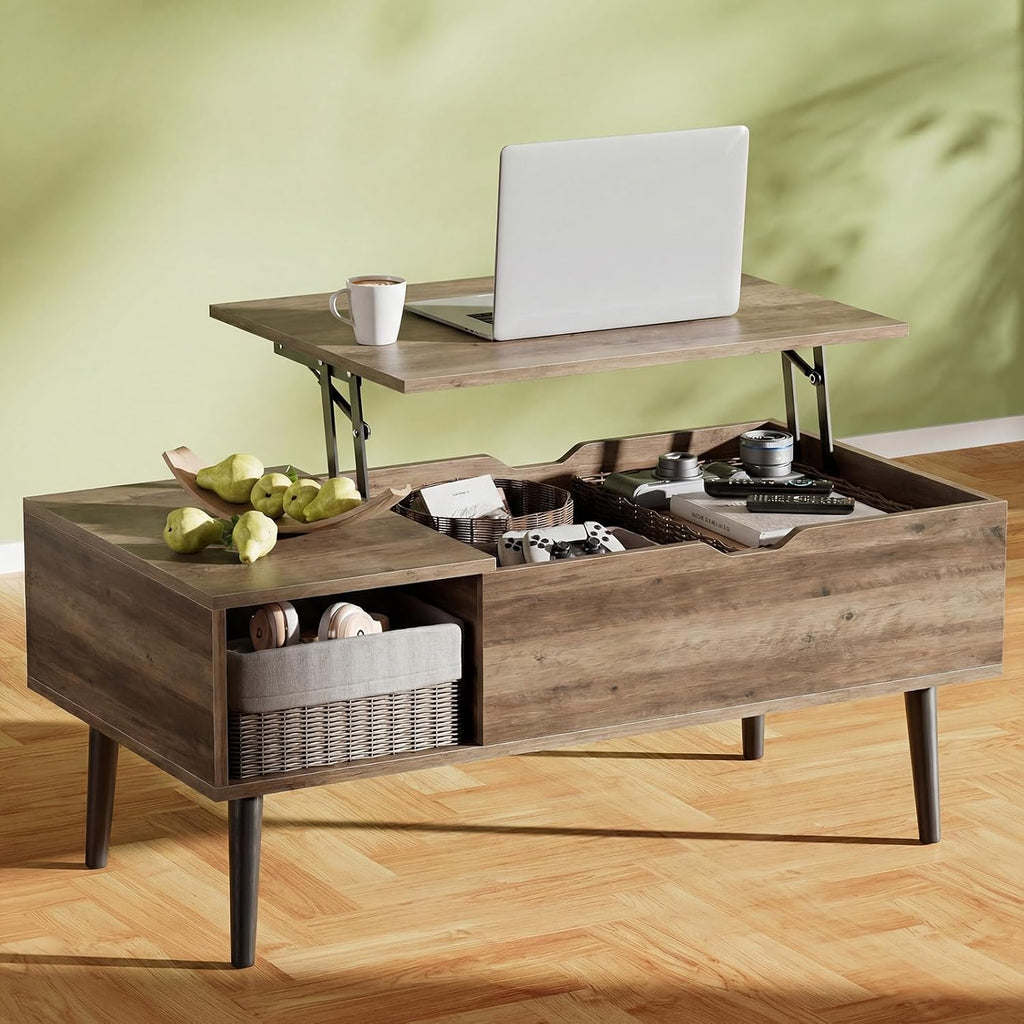 OLIXIS Wooden Coffee Table, Lift Top Coffee Table with Large Hidden Compartment and Ample Storage Shelf, Lift Tabletop Dining Table for Living Room, Home Small Space, Rustic