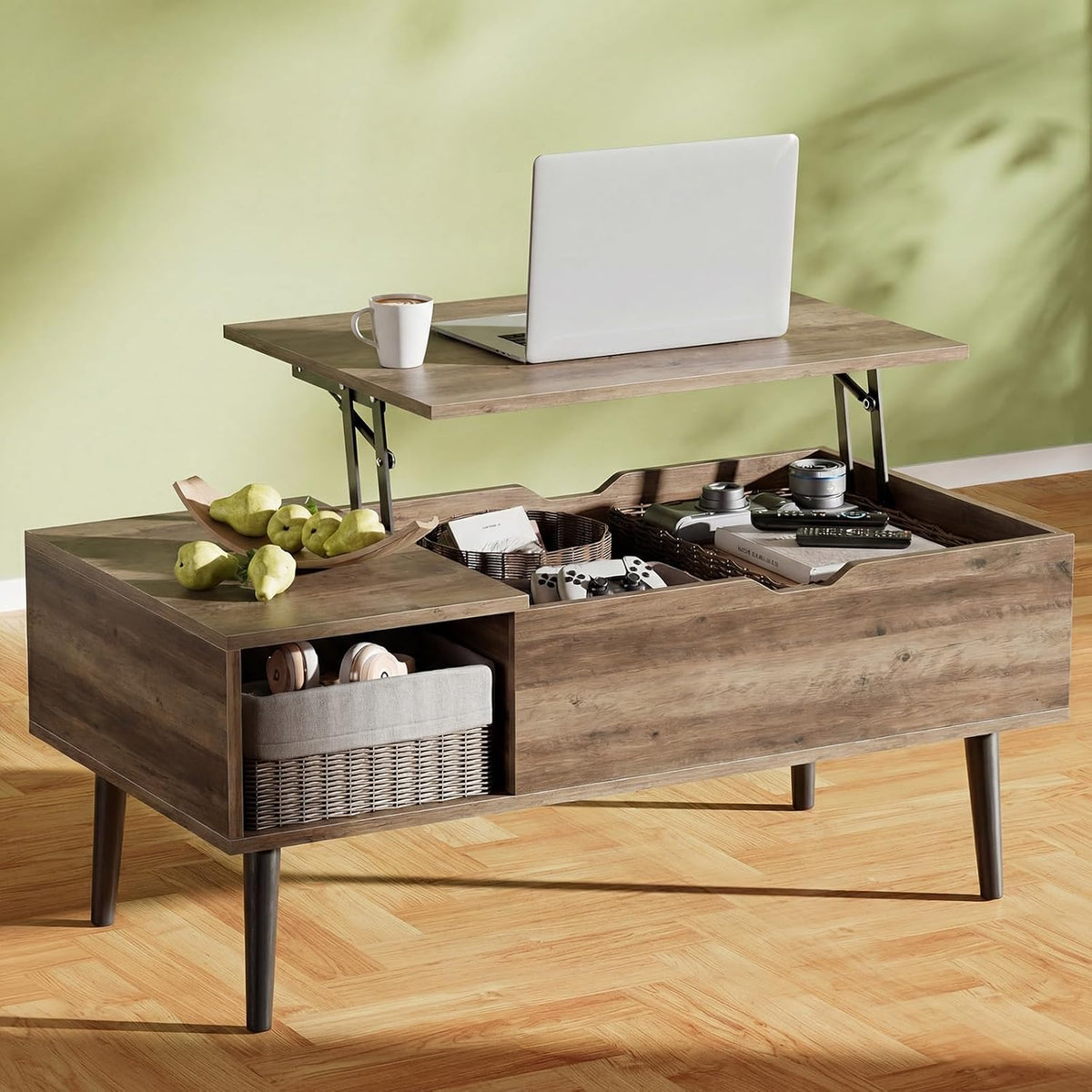 OLIXIS Wooden Coffee Table, Lift Top Coffee Table with Large Hidden Compartment and Ample Storage Shelf, Lift Tabletop Dining Table for Living Room, Home Small Space, Rustic