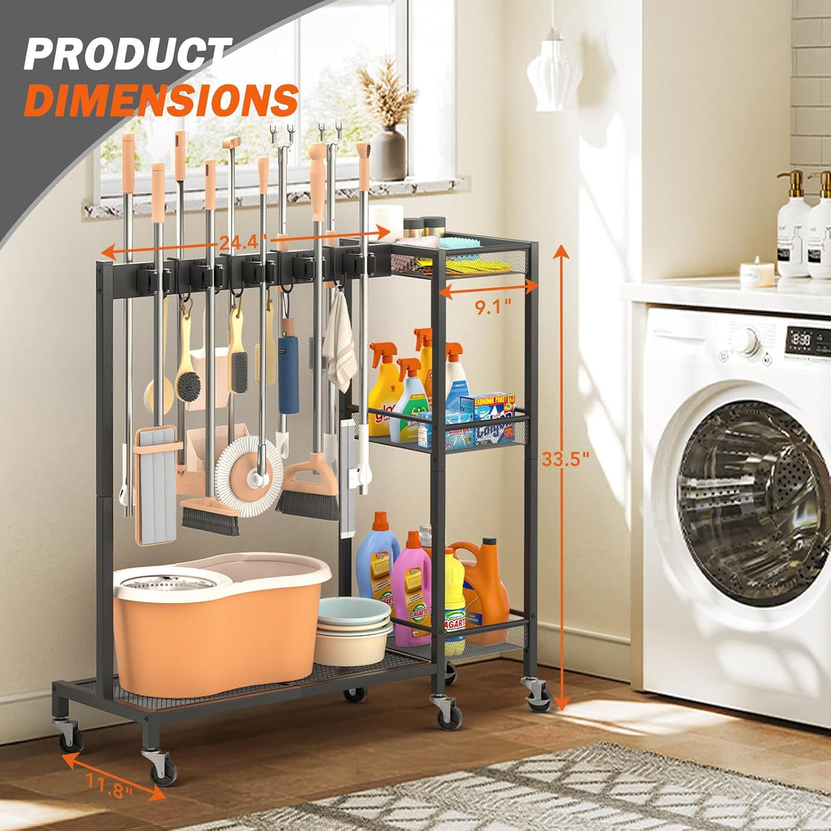 Broom Holder with Cleaning Supplies Organizer, Broom Closet Storage Cabinet with Cleaning Caddy, Cleaning Cart with Mop Hanger Gripper Rack Hooks,Janitorial Housekeeping cart,Laundry Room Organization