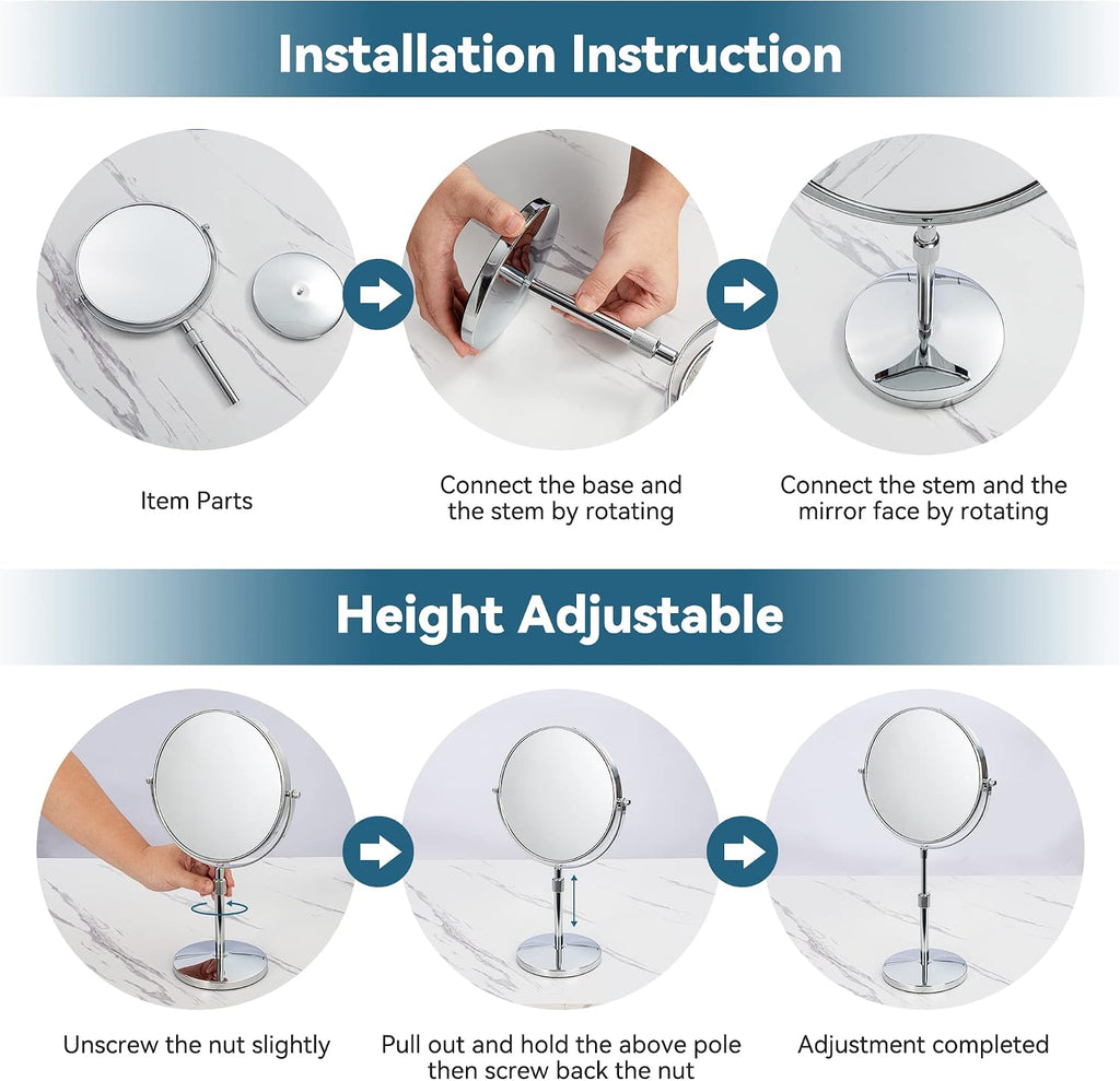 17" Tall Tabletop Magnifying Makeup Mirror Height Adjustable Vanity Mirror 1X/10X Magnification, 8" Large Double-Sided 360° Swivel Classic Round Desktop Make Up Mirror for Bathroom & Bedroom, No Light