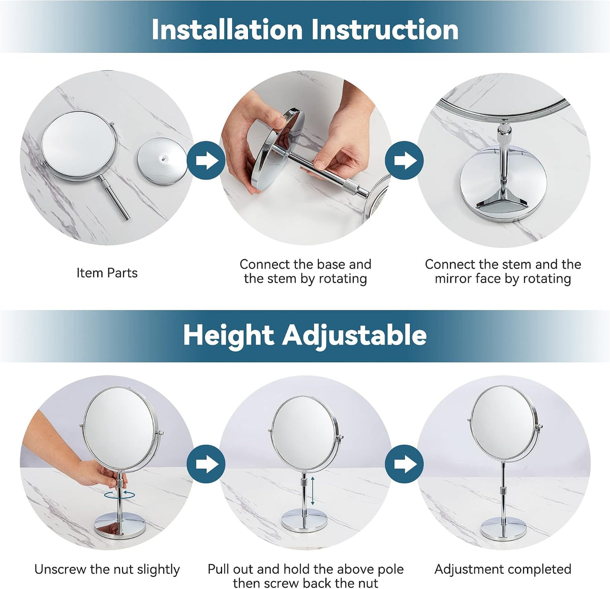 17" Tall Tabletop Magnifying Makeup Mirror Height Adjustable Vanity Mirror 1X/10X Magnification, 8" Large Double-Sided 360° Swivel Classic Round Desktop Make Up Mirror for Bathroom & Bedroom, No Light