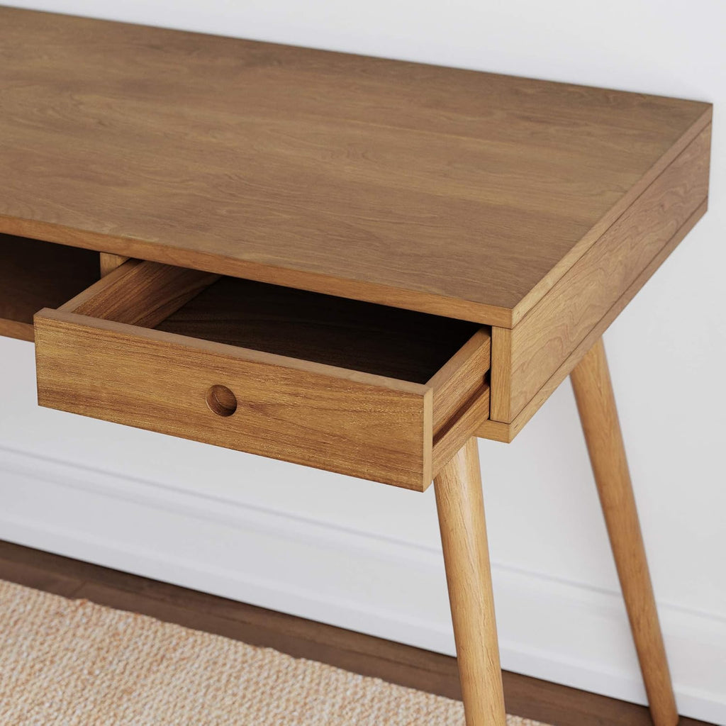 Nathan James Parker Modern Home Office Writing, Computer or Laptop Desk with Open Storage Cubby and Small Drawer, Walnut