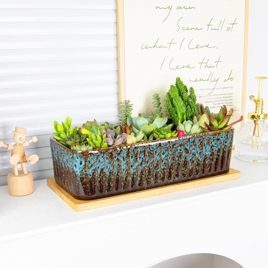 Succulent Pots, 12'' Long Rectangle Planters with Tray, Windowsill Planter