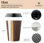 12 oz Disposable Paper Coffee Cups with Lids Insulated Double-Walled Togo