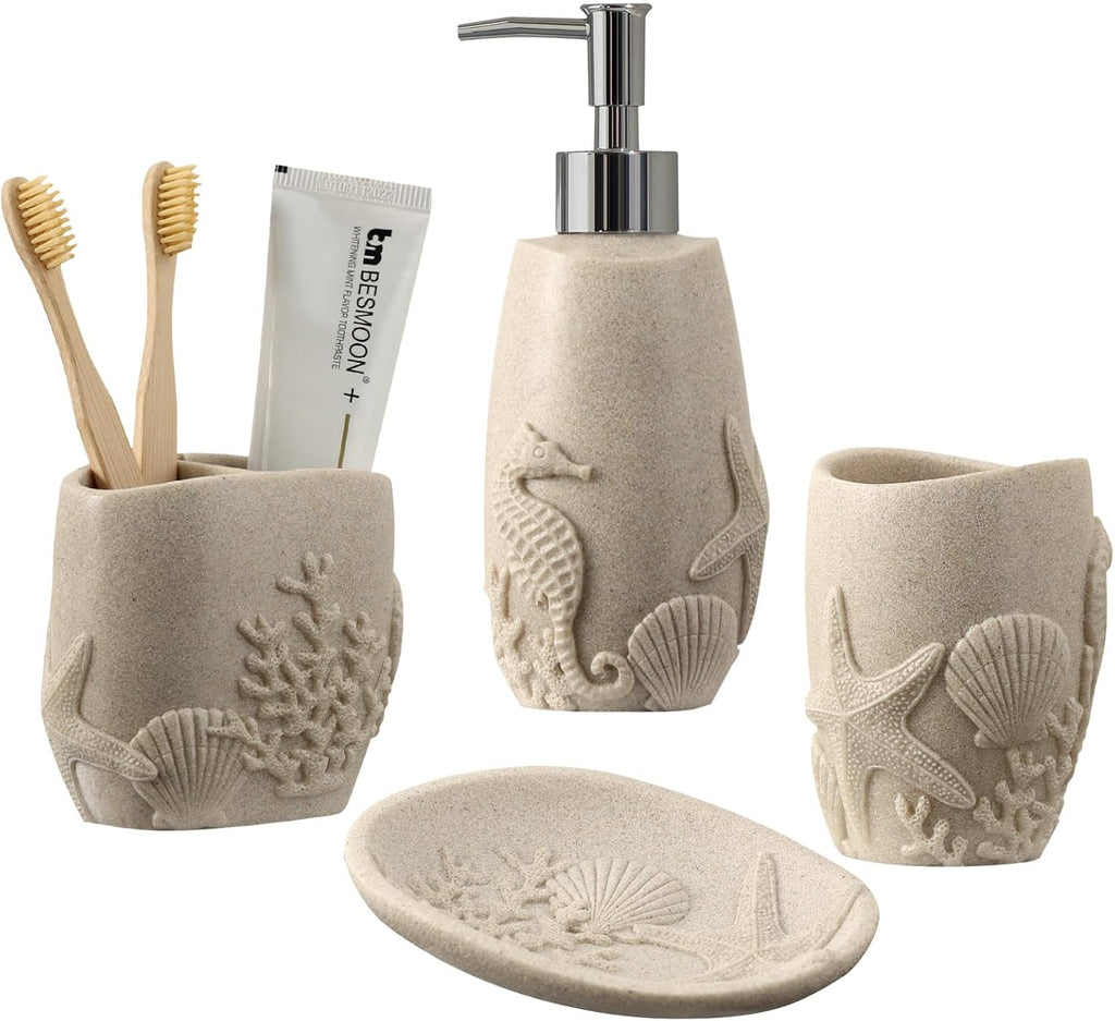 Bathroom Accessories Set, 4 PCS, Sandstone Look Leaf Beach Style