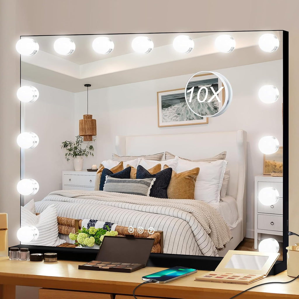 Moonee Vanity Mirror with Lights, Black Hollywood Lighted Makeup Mirror with 15 Dimmable Bulbs and 10X Magnification, 3 Colors Modes, Aluminum Metal Frame, Light Up Mirror for Tabletop/Wall（23" x 18"）