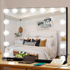 Moonee Vanity Mirror with Lights, Black Hollywood Lighted Makeup Mirror with 15 Dimmable Bulbs and 10X Magnification, 3 Colors Modes, Aluminum Metal Frame, Light Up Mirror for Tabletop/Wall（23" x 18"）