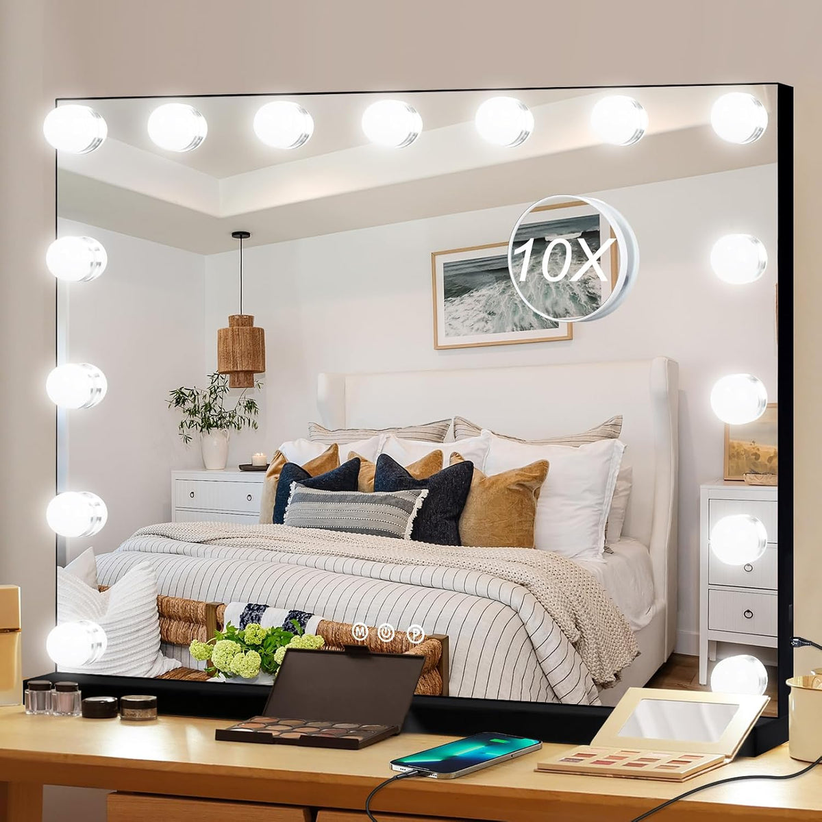 Moonee Vanity Mirror with Lights, Black Hollywood Lighted Makeup Mirror with 15 Dimmable Bulbs and 10X Magnification, 3 Colors Modes, Aluminum Metal Frame, Light Up Mirror for Tabletop/Wall（23" x 18"）