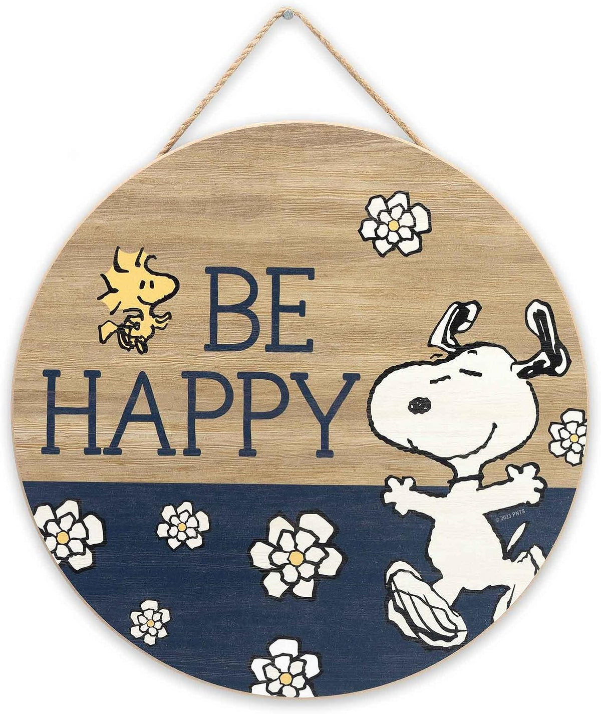 Peanuts Snoopy Be Happy Round Hanging Wood Wall Decor