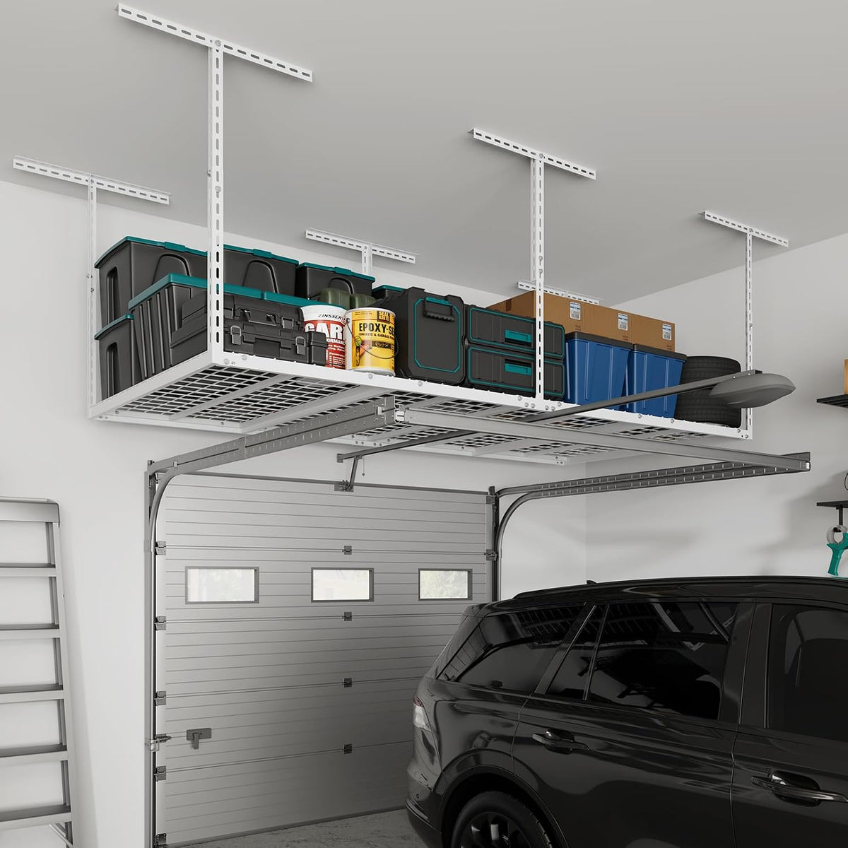 4X8FT Overhead Garage Storage Rack, 26"-40" Height Adjustable Garage Ceiling Storage Racks, Heavy Duty Metal Overhead Storage Organizer System, 750LBS Weight Capacity, White