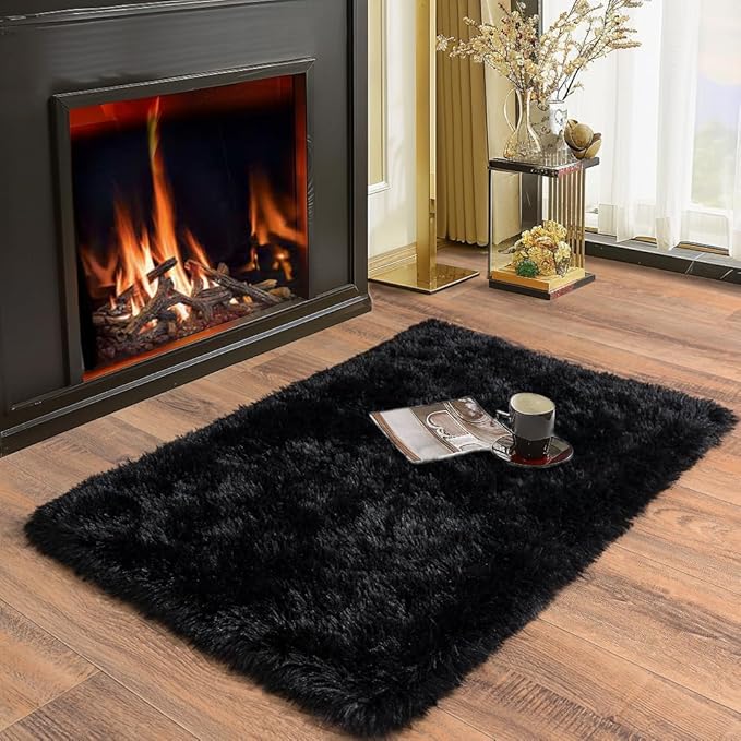 Soft Runner Rugs for Bedroom Hallways, 2x3 Black Fluffy Shag Throw Area Rug Non - Image 3