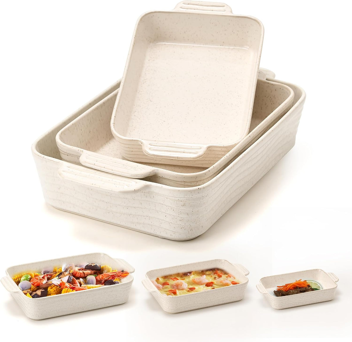 Ceramic Baking Dish Set of 3, Casserole Dishes for Oven, Rectangular Porcelain Bakeware Set with Handles, Lasagna Baking Pan for Cooking, Perfect for Baking and Serving, Housewarming, Halloween, Thanksgiving, Christmas, New Year-Reactive White