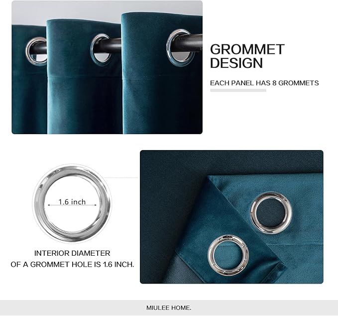 MIULEE Blue Velvet Curtains 63 Inches Length Blackout Curtains Thermal - Image 2