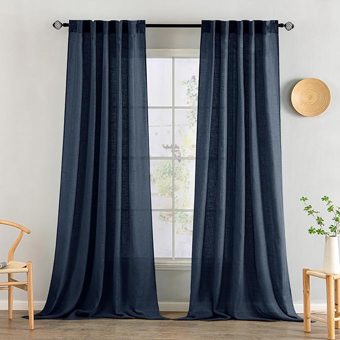 MIULEE Navy Blue Linen Curtains 90 Inch Length 2 Panels by MIULEE