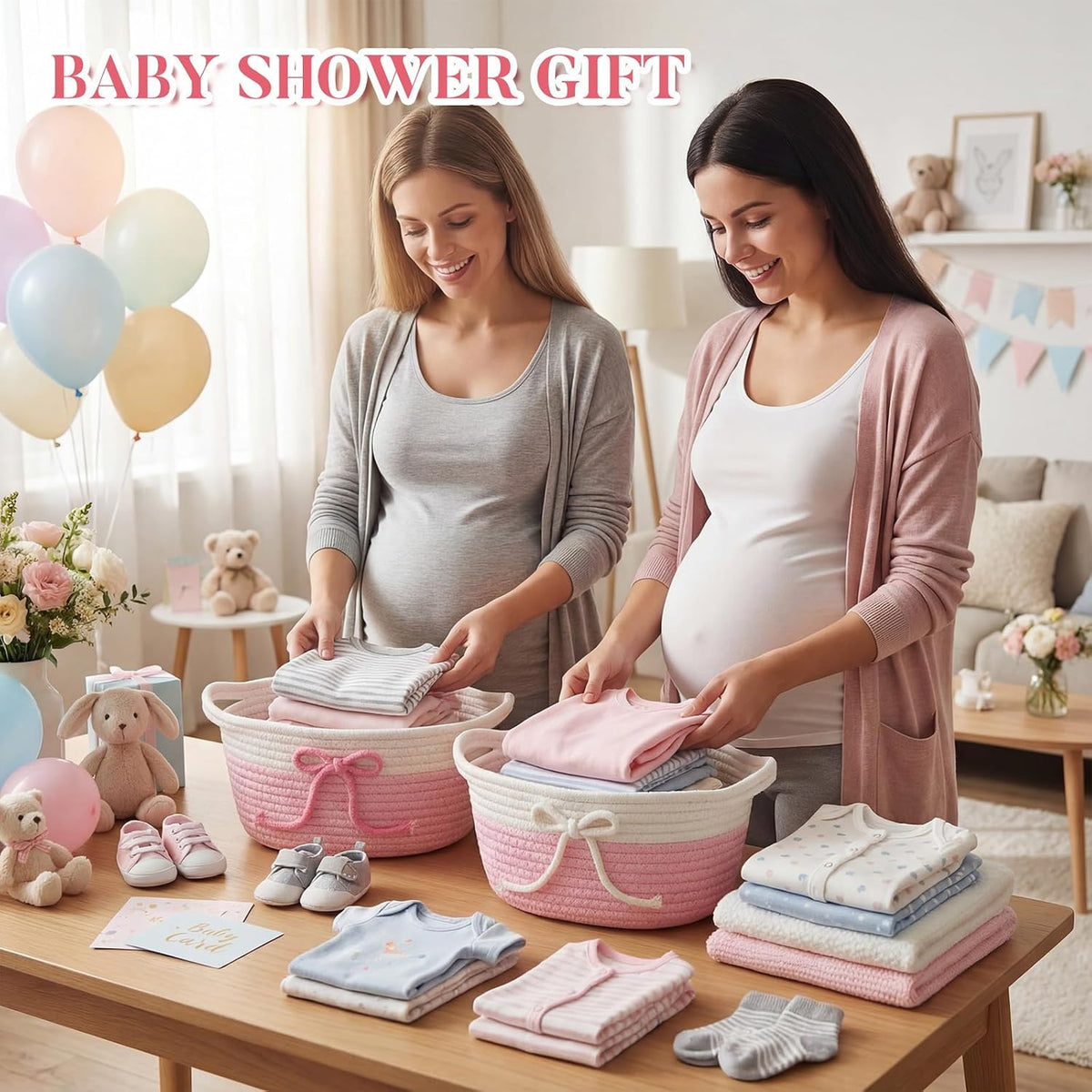 Glooglitter 2 Pcs Pink Bow Cotton Rope Baskets with Handles, Pastel Color