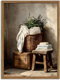 Vintage Laundry Room Wall Art Rustic Laundry Basket Bathroom Wall Decor Poster Country Farmhouse Wildflower Canvas Painting Print 12x16 inch Wood Framed