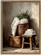 Vintage Laundry Room Wall Art Rustic Laundry Basket Bathroom Wall Decor Poster Country Farmhouse Wildflower Canvas Painting Print 12x16 inch Wood Framed
