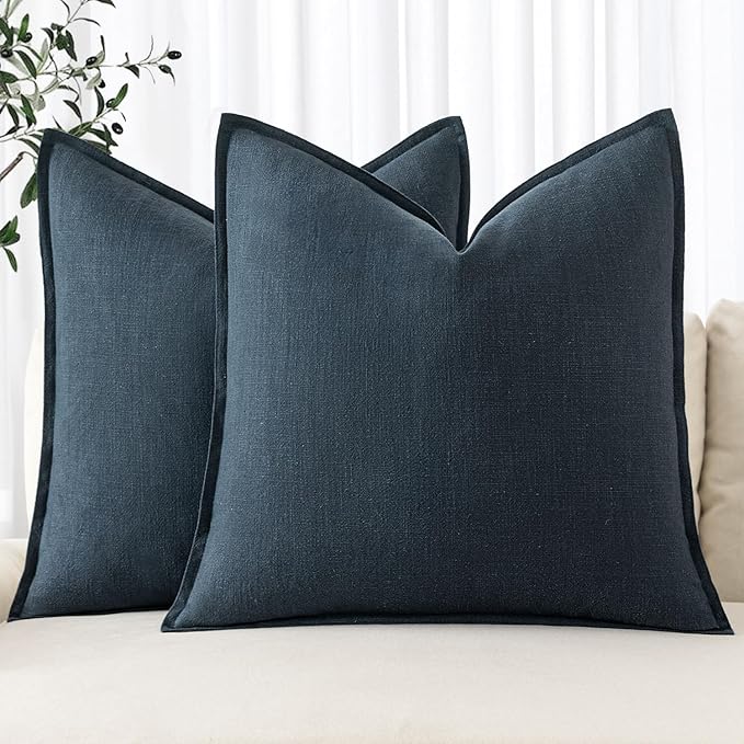 MIULEE Decorative Linen Pillow Covers 20x20 Inch Navy Blue ​Boho Farmhouse​ by MIULEE