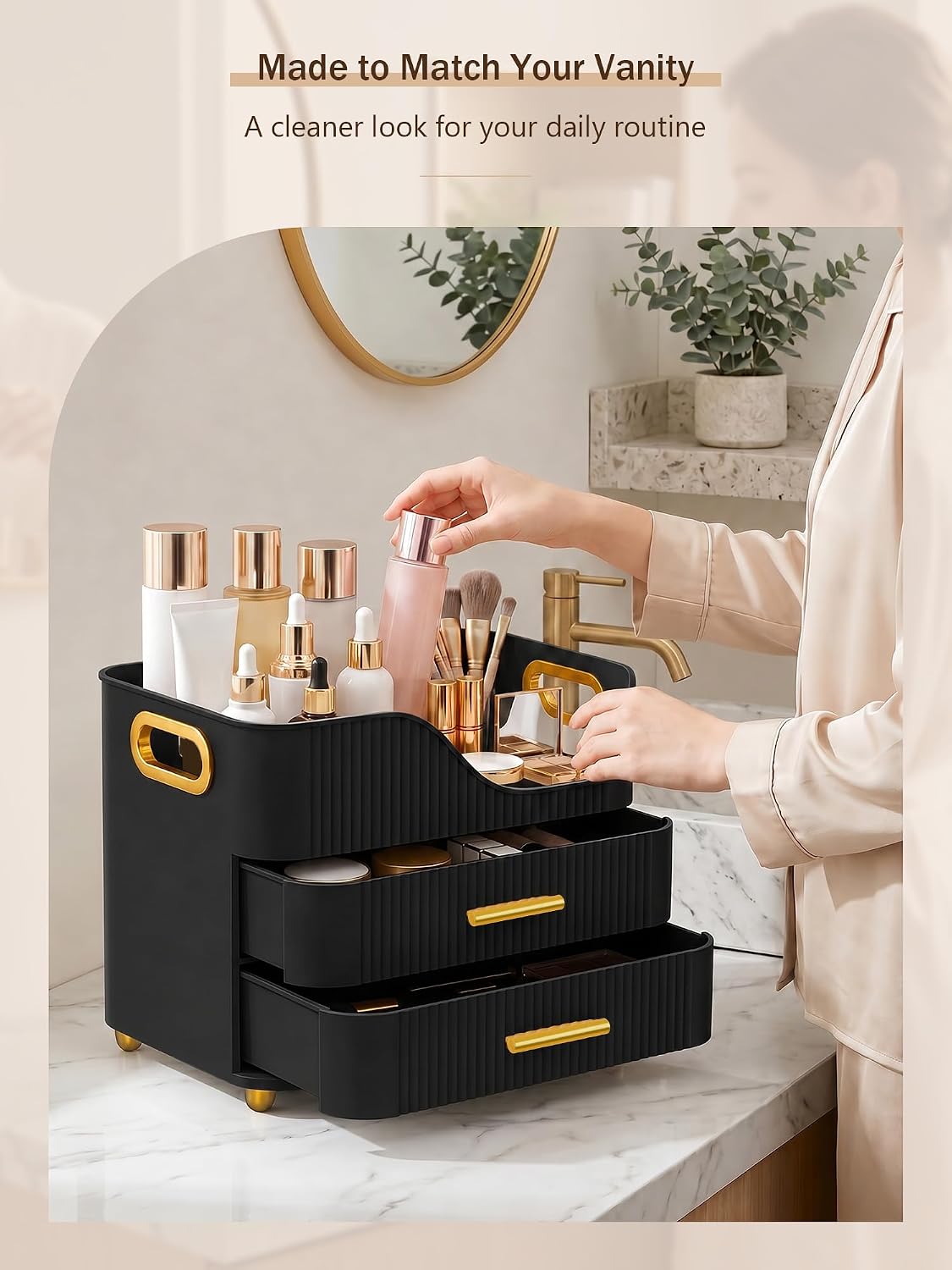 Large Makeup Organizer for Vanity, Bathroom Countertop, Black
