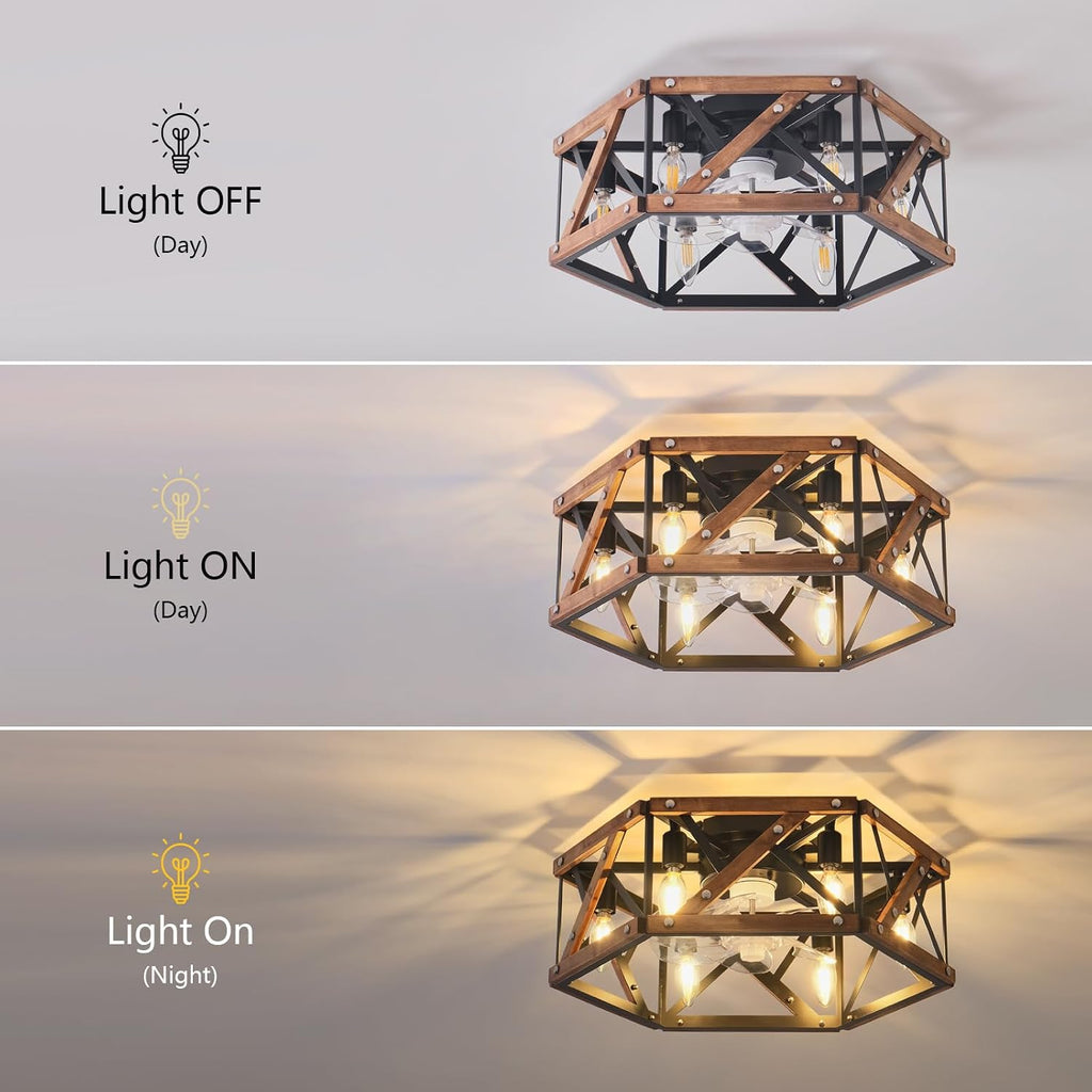 6-light retro style semi-inset ceiling fan lamp, 20 inches, Retro-style antique wooden ceiling fan with light，low-profile ceiling fan lamp, suitable for vacation cabins, bedroom relaxation areas.