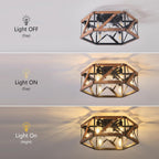 6-light retro style semi-inset ceiling fan lamp, 20 inches, Retro-style antique wooden ceiling fan with light，low-profile ceiling fan lamp, suitable for vacation cabins, bedroom relaxation areas.