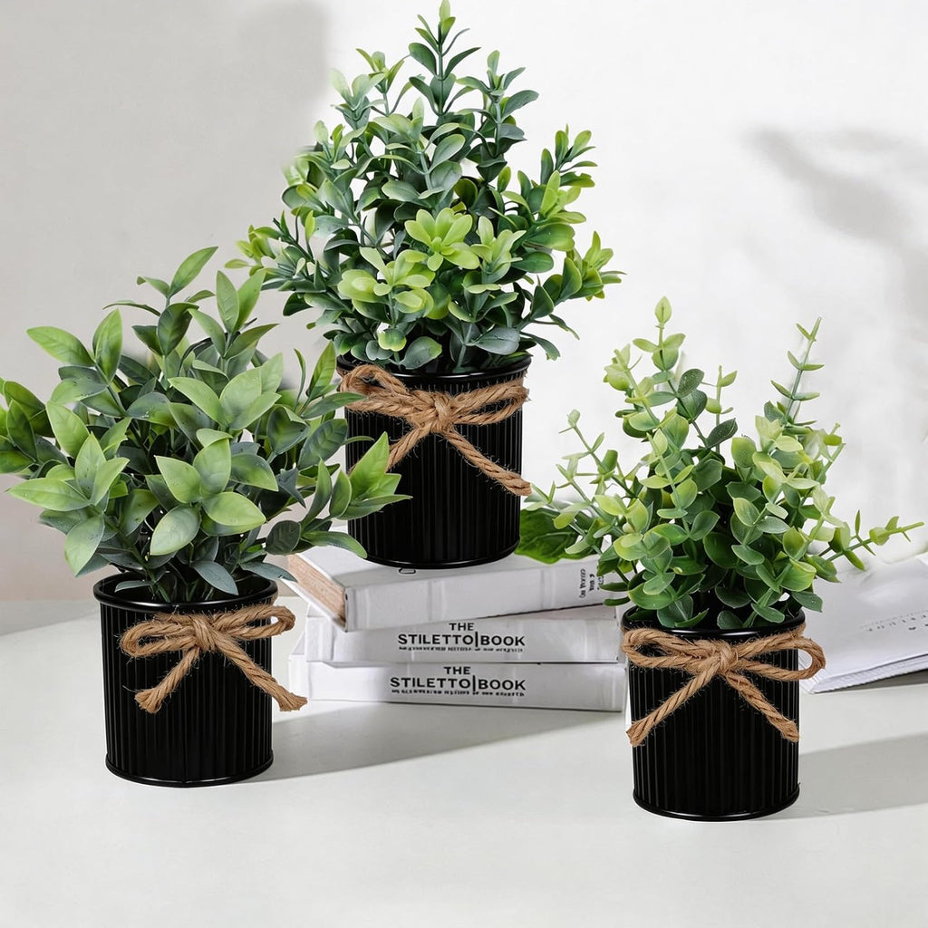 Yoratee 4 Potted Artificial Plants Metal Fake Potted Plant with Iron Pot Mini Greenery Decor Small Faux Plants for Indoor Farmhouse Home Porch Garden Bathroom Room Décor Black