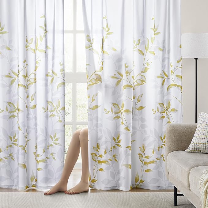HOMEIDEAS Non-See-Through Gold and White Privacy Sheer Curtains 52 X 96 Inches - Image 2