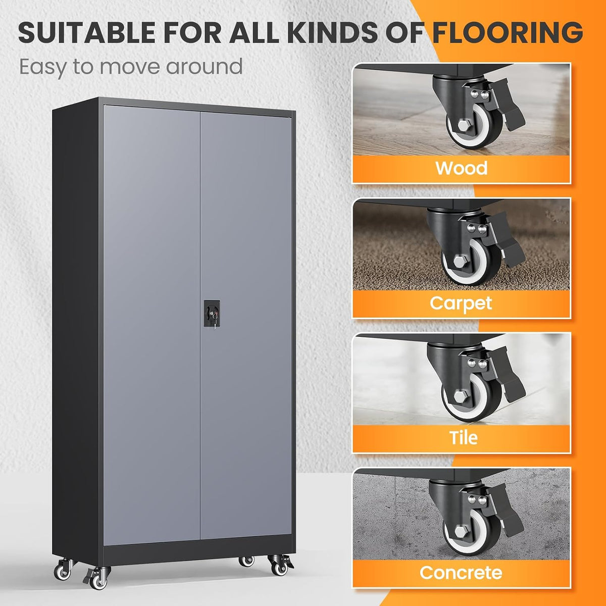 75"H Metal Garage Cabinets with Wheels, Storage Cabinet with 2 Doors