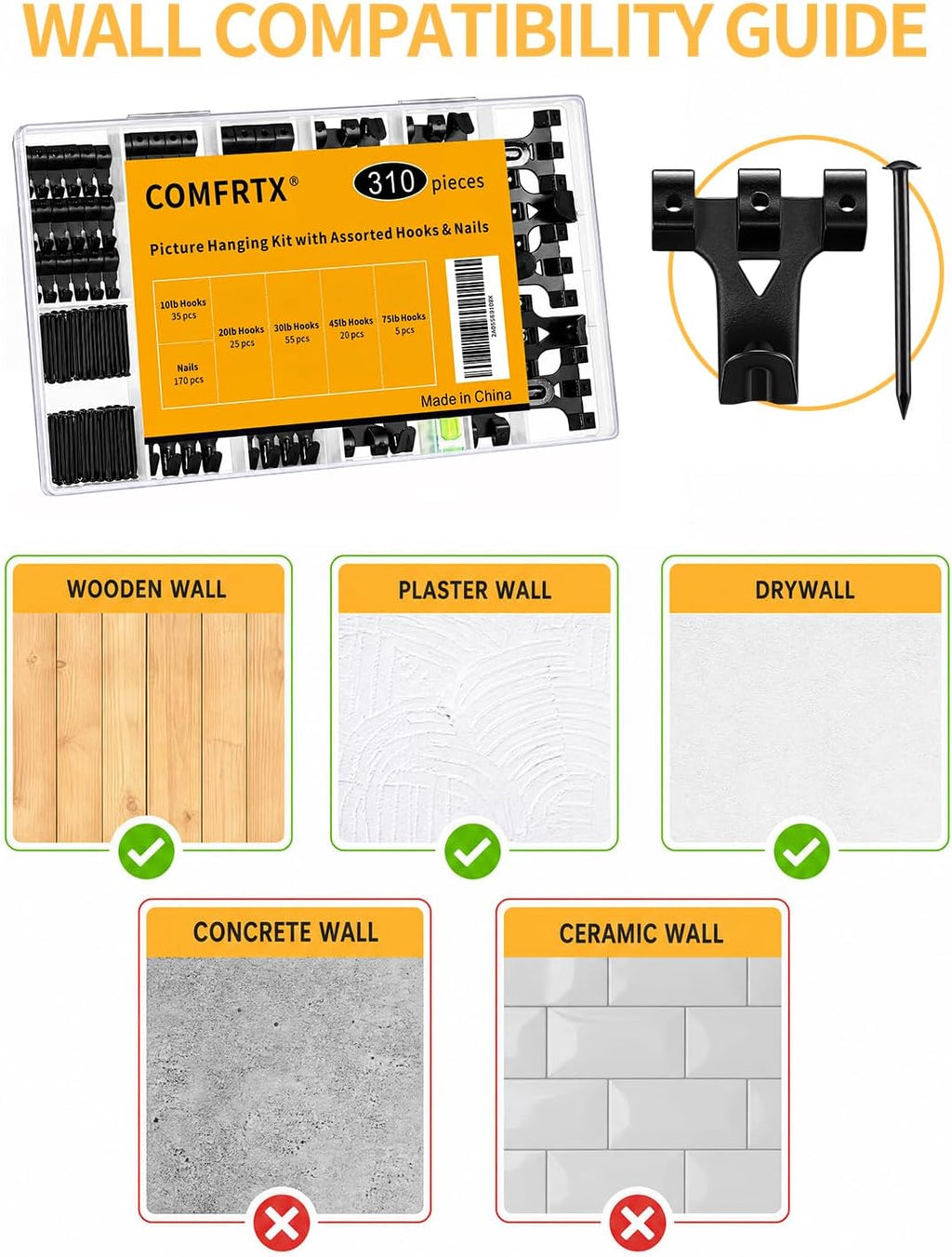 310Pcs Picture Hanging Hooks Kit with Nails & Mini Level Heavy Duty