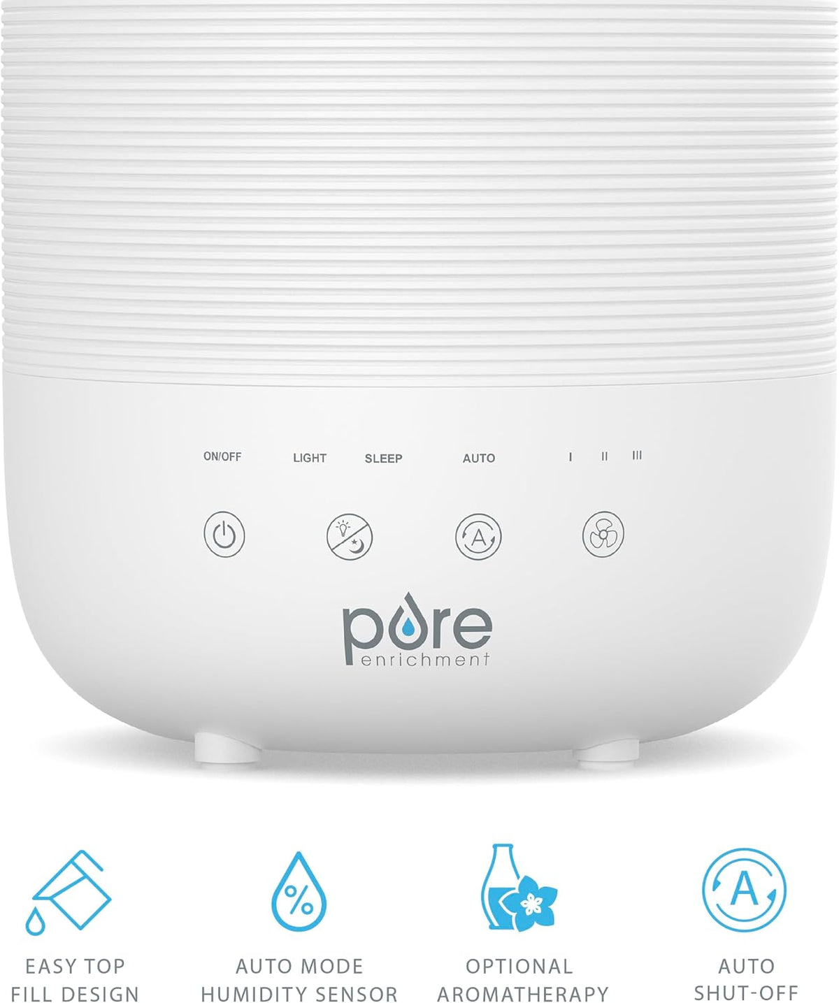 Pure Enrichment® HUME™ Sense Top Fill Humidifier – Large 3L Tank, Auto Mode Humidity Sensor, 3 Mist Settings, Optional Night Light, Optional Aromatherapy, Sleep Mode & Auto Shut-Off