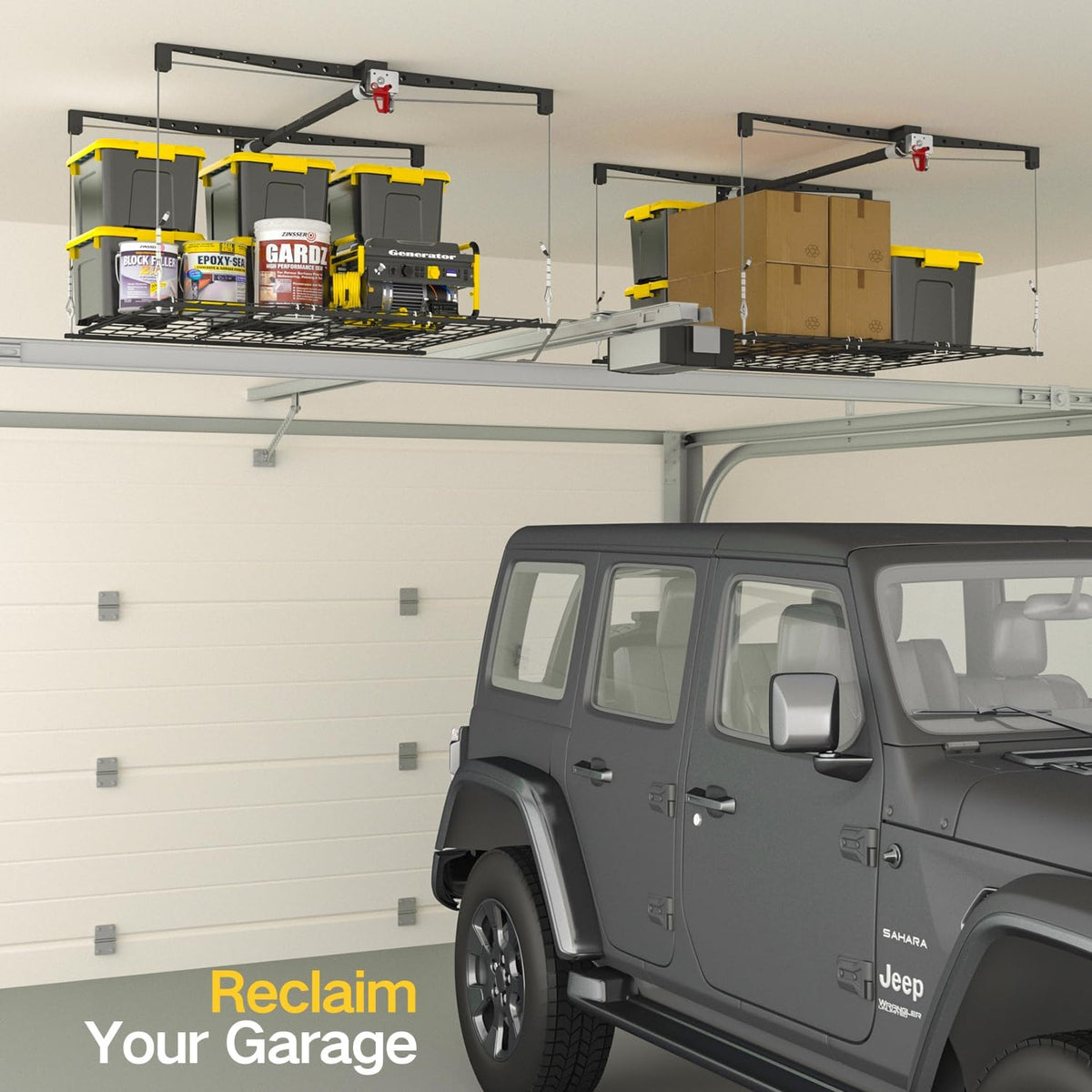 Overhead Garage Storage Rack for 12-14ft Ceiling, Heavy-duty 4x4 FT Garage Ceiling Storage Racks with Safety Lock, Ideal for Storage Mounted Lift System and Storage Organizer, 250lbs Capacity