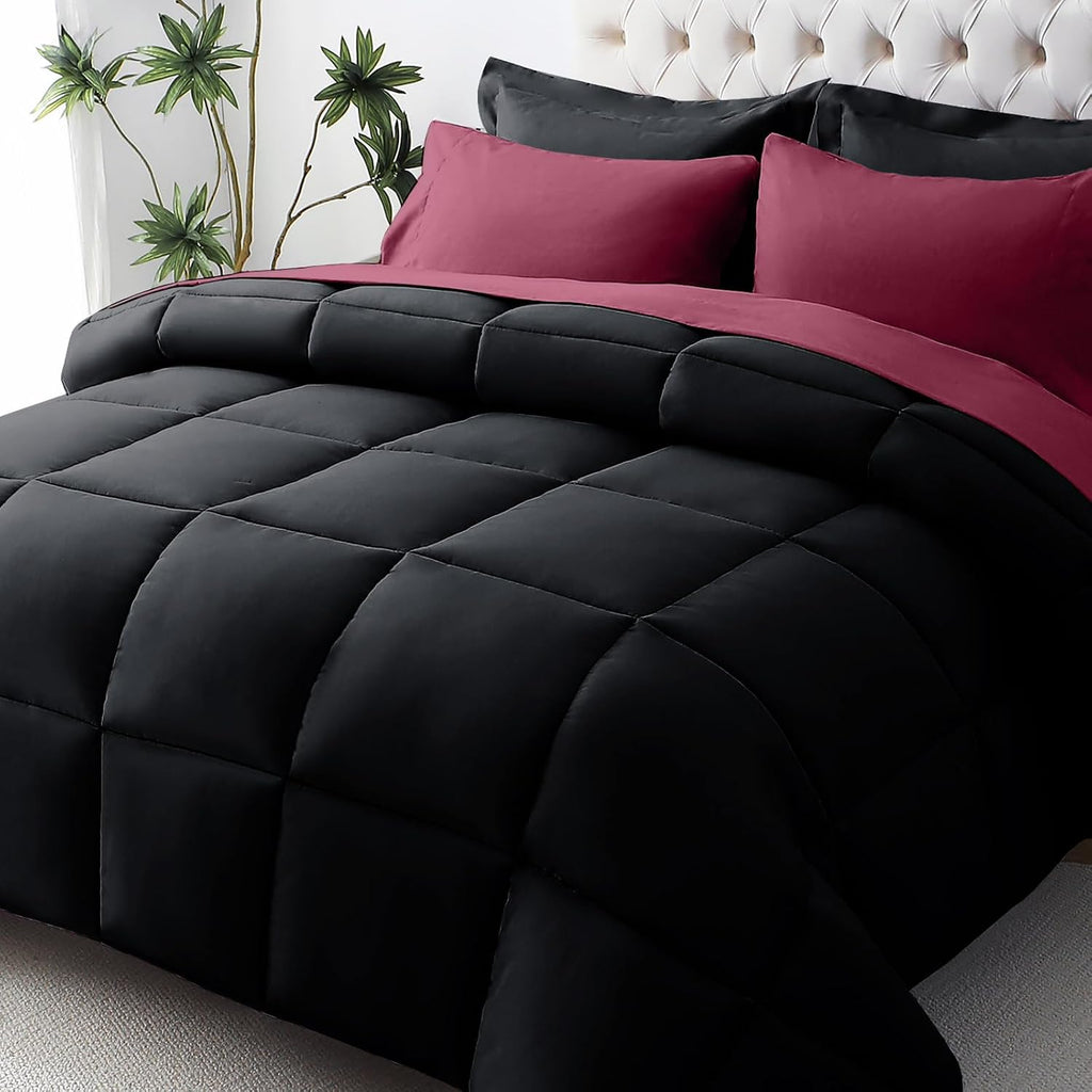 JOLLYVOGUE Queen Comforter Set, Ultra-Soft Bed in a Bag Queen Size 7 Pieces, Oeko-TEX Certified Bedding Set with Down Alternative Comforter, Sheets, Pillowcases & Shams, Black & Deep Burgundy