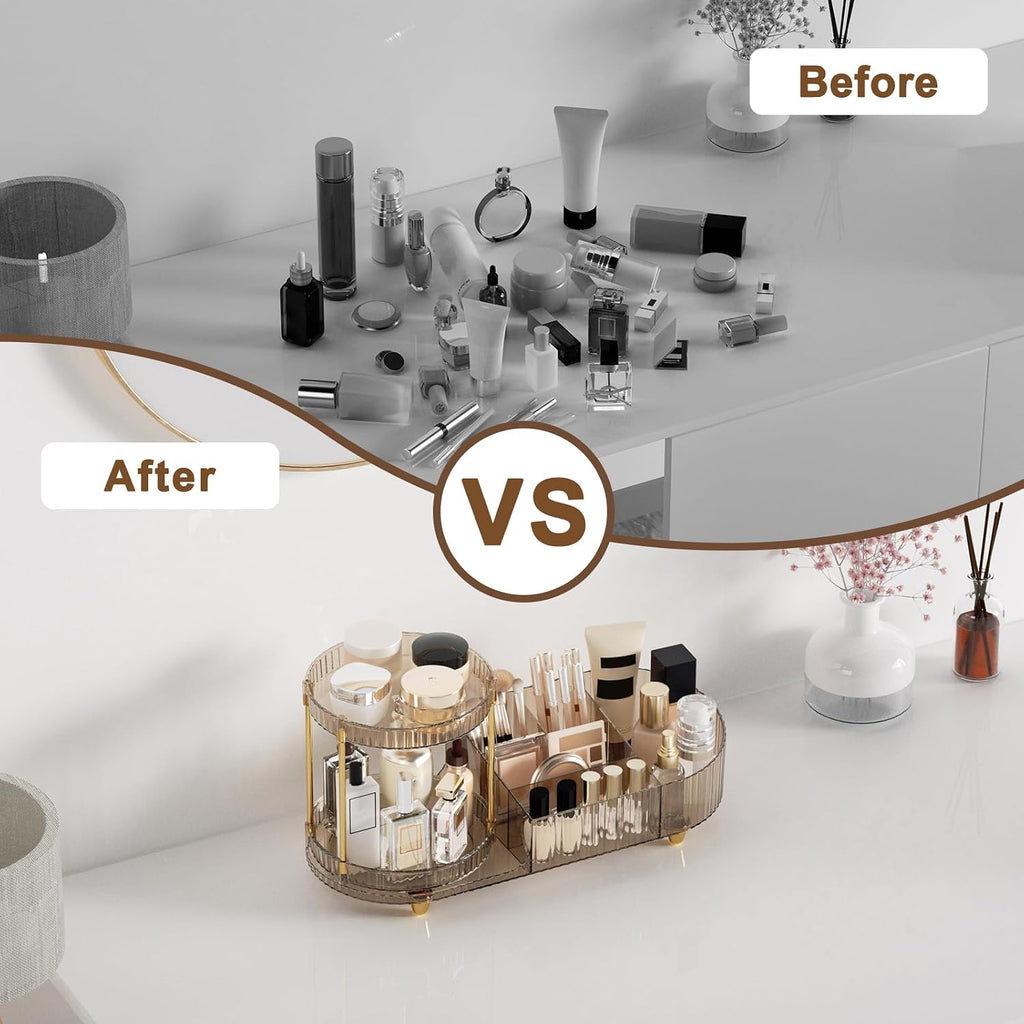 Makeup Organizer Countertop with 2 Rotating Perfume Trays, 5-Compartment Vanity Skincare Organizers, Make Up Desk Organization and Storage with Cosmetic Brush Holder for Bedroom Bathroom Counter
