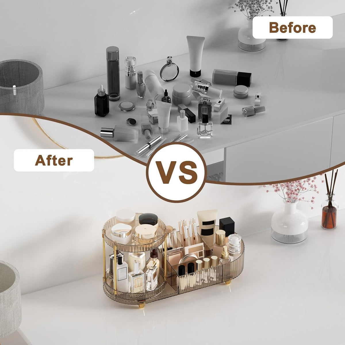 Makeup Organizer Countertop with 2 Rotating Perfume Trays, 5-Compartment Vanity Skincare Organizers, Make Up Desk Organization and Storage with Cosmetic Brush Holder for Bedroom Bathroom Counter