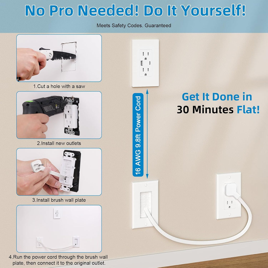 in Wall Cable Management Kit,Recessed Outlet Box for Wall Mount TV,Recessed Power Box with AC/USB-C/USB-A Ports & 9.8ft Extender for Unreachable Outlets,Hide TV Cords & Cables