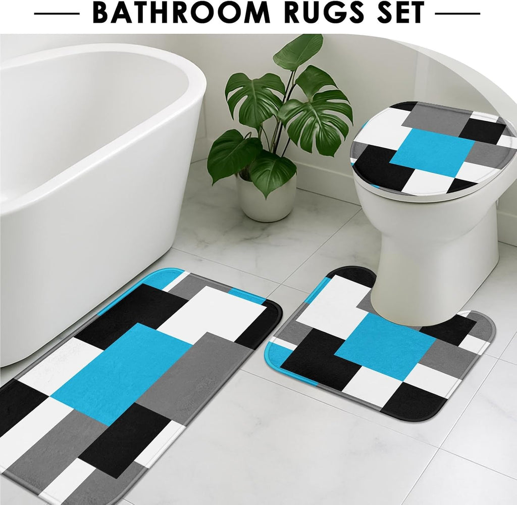 Bathroom Sets with Shower Curtain and Rugs, Set of 4 Blue Geometric