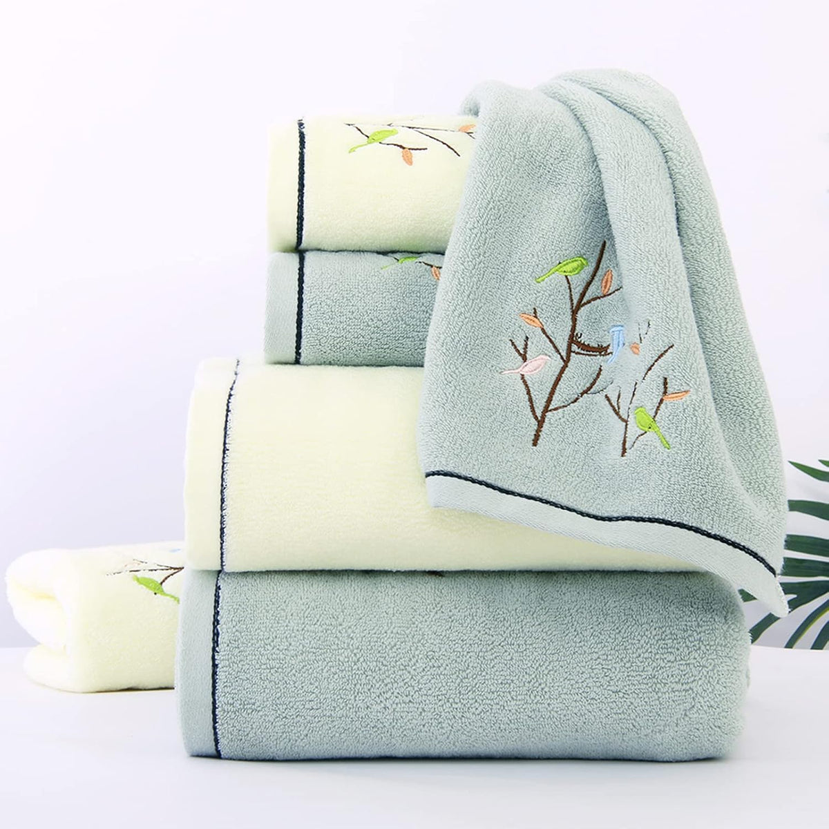 Embroidered Bird Tree Bath Towel for Bathroom,Light Yellow